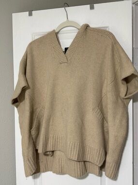 Relaxed V-Neck Knit Poncho Sweater in Neutral Tan
